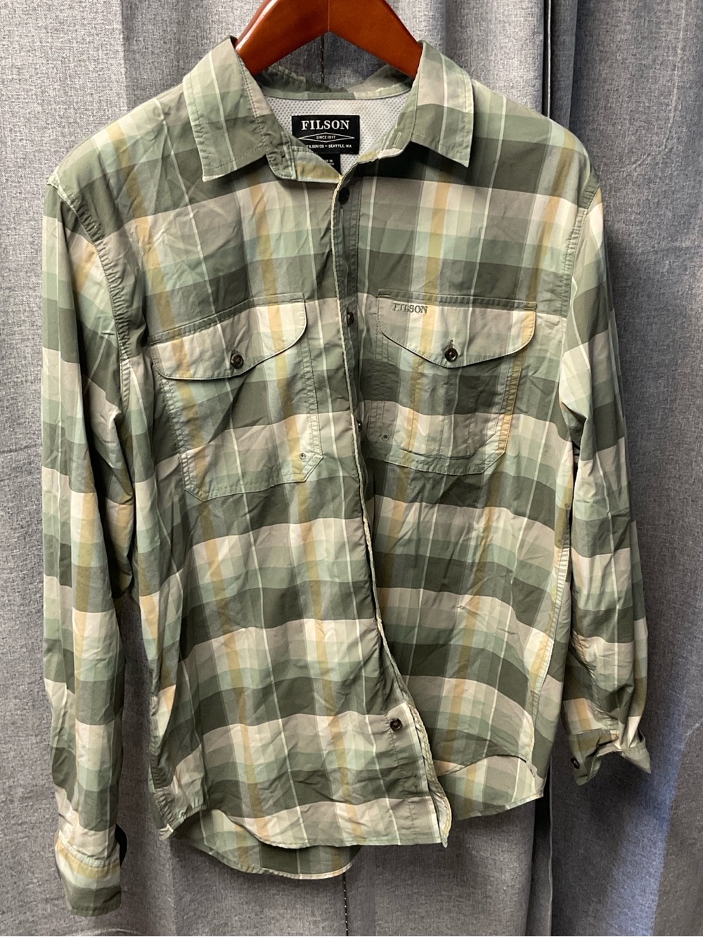Filson Men's Green and Cream Plaid Shirt